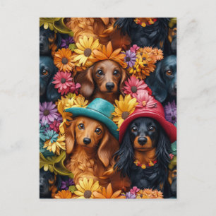 Blumenmuster - Dackel Nahtloses Muster - Hundefreu Postkarte
