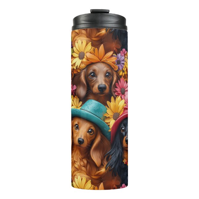 Blumenmuster - Dackel Nahtloses Muster - Hundefreu Thermosbecher (Vorderseite)