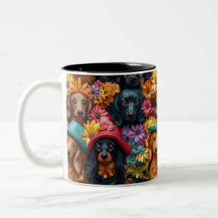 Blumenmuster - Dackel Nahtloses Muster - Hundefreu Zweifarbige Tasse