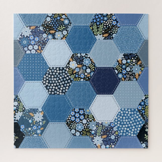 Blumenmuster, Denim Patchwork: blaues Muster. (Vertikal)