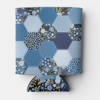 Blumenmuster, Denim Patchwork: blaues Muster. Dosenkühler