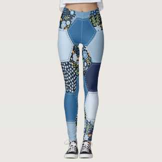 Blumenmuster, Denim Patchwork: blaues Muster. Leggings