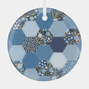 Blumenmuster, Denim Patchwork: blaues Muster. Ornament Aus Glas