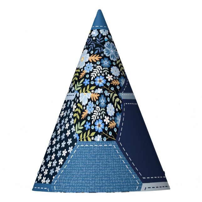 Blumenmuster, Denim Patchwork: blaues Muster. Partyhütchen (Vorderseite)