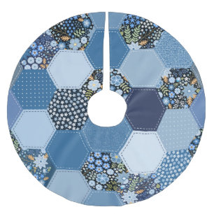 Blumenmuster, Denim Patchwork: blaues Muster. Polyester Weihnachtsbaumdecke