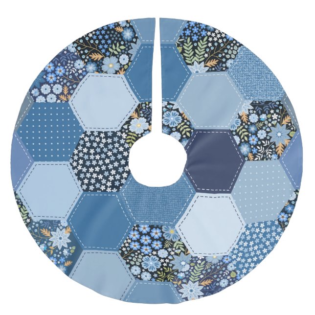 Blumenmuster, Denim Patchwork: blaues Muster. Polyester Weihnachtsbaumdecke (Vorderseite)