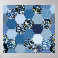 Blumenmuster, Denim Patchwork: blaues Muster.