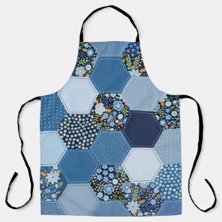 Blumenmuster, Denim Patchwork: blaues Muster. Schürze