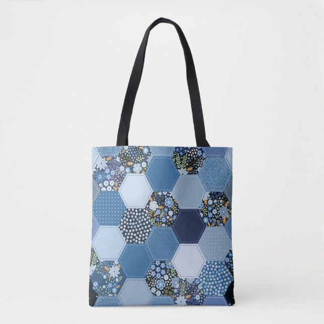 Blumenmuster, Denim Patchwork: blaues Muster. Tasche (Vorderseite)