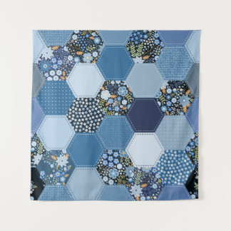 Blumenmuster, Denim Patchwork: blaues Muster. Wandteppich