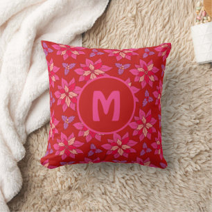 Blumenmuster der roten Poinsettia mit Monogramm. Kissen