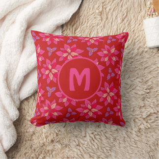 Blumenmuster der roten Poinsettia mit Monogramm. Kissen