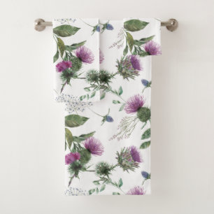 Blumenmuster-Design in Violett mit Disteln Badhandtuch Set