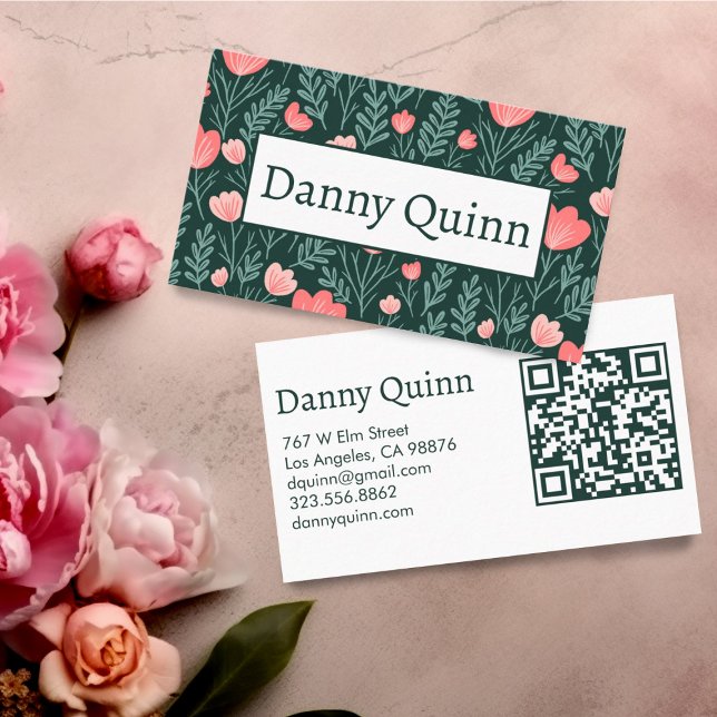 Blumenmuster Elegantes botanisches Rosa Grün Visitenkarte (Floral business cards with QR code)