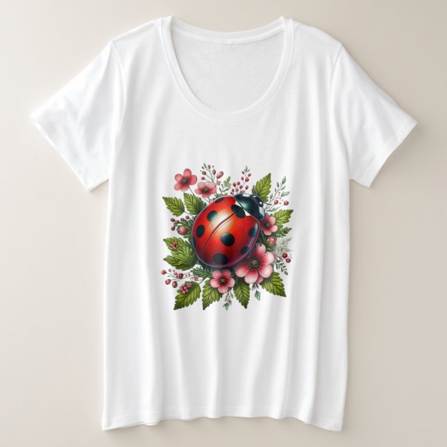 Blumenmuster/Federladybugs Große Größe T-Shirt (Design vorne)