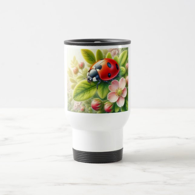 Blumenmuster/Federladybugs Reisebecher (Mittel)
