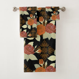 Blumenmuster Folien-Rose auf schwarzem Hintergrund Badhandtuch Set