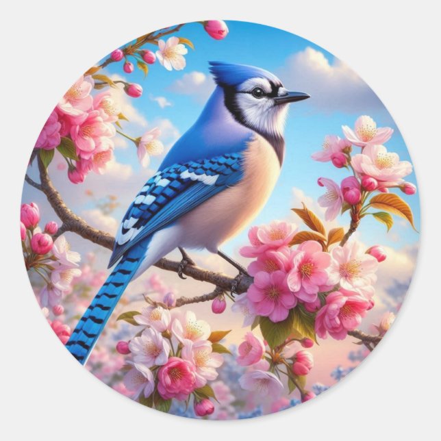 Blumenmuster/Frühling Blau Jay Art Runder Aufkleber (Vorderseite)