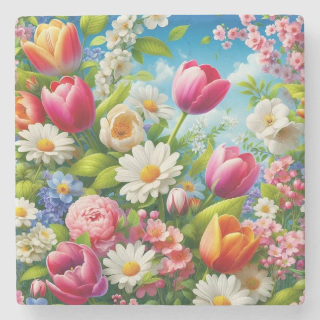 Blumenmuster/Frühlingsbilder Steinuntersetzer (Vorderseite)