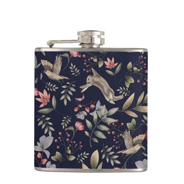 Blumenmuster für Navy-Woodland-Tiere Blätter Flachmann (Vorderseite)