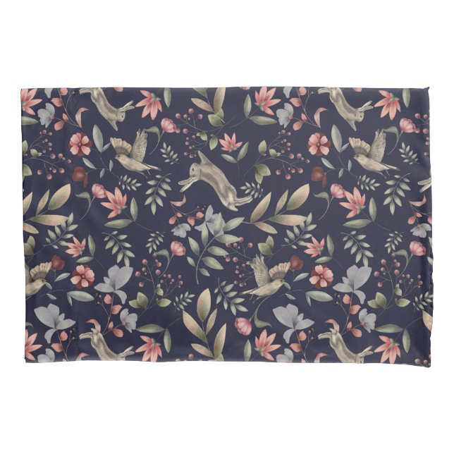 Blumenmuster für Navy-Woodland-Tiere Blätter Kissenbezug (Vorderseite)