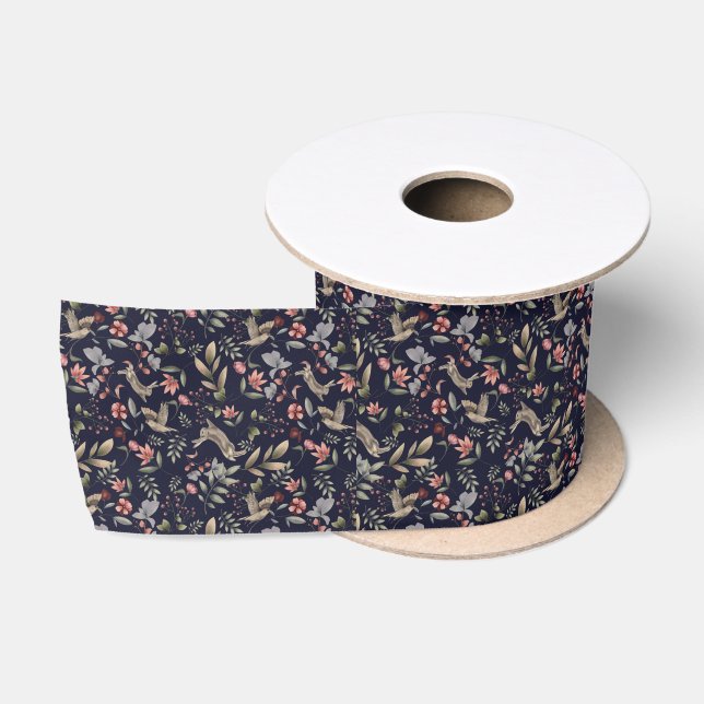 Blumenmuster für Navy-Woodland-Tiere Blätter Satinband (Spule)