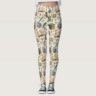 Blumenmuster für Vintage-Buchliebhaber | Blaue Bot Leggings