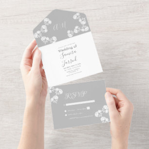 Blumenmuster Grau Weiß Hochzeit  All In One Einladung