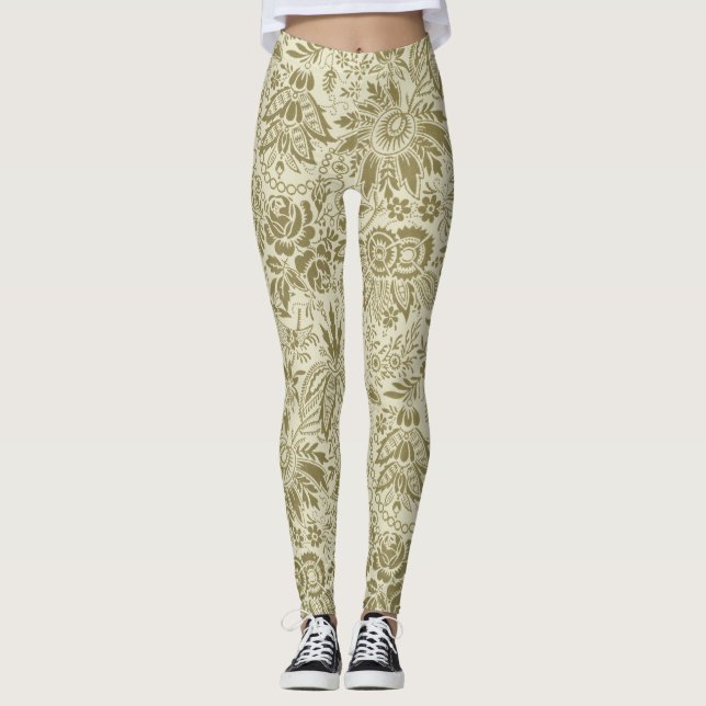 Blumenmuster Green Sage Antike Damaskus Leggings (Vorderseite)