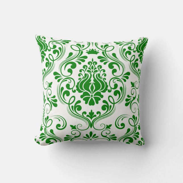 Blumenmuster Grün und Weiß Damask Elegantes Design Kissen (Vorderseite)
