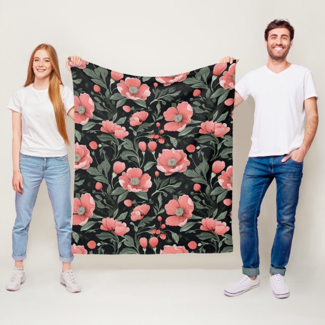Blumenmuster Grüne Eiche Blätter und rosa Blume Fleecedecke (Beispiel)