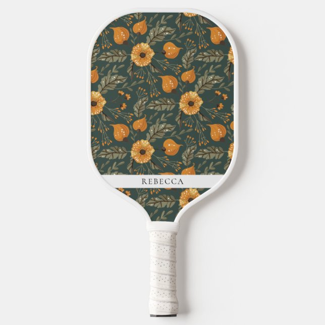Blumenmuster Grüner Goldener Individuelle Name Pickleball Schläger (Vorderseite)