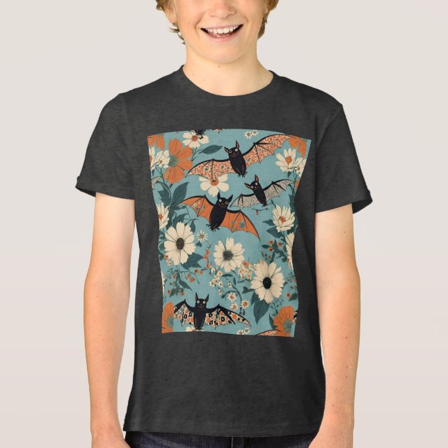 Blumenmuster Halloween Bats & Blume Tri-Blend Shirt (Vorderseite)