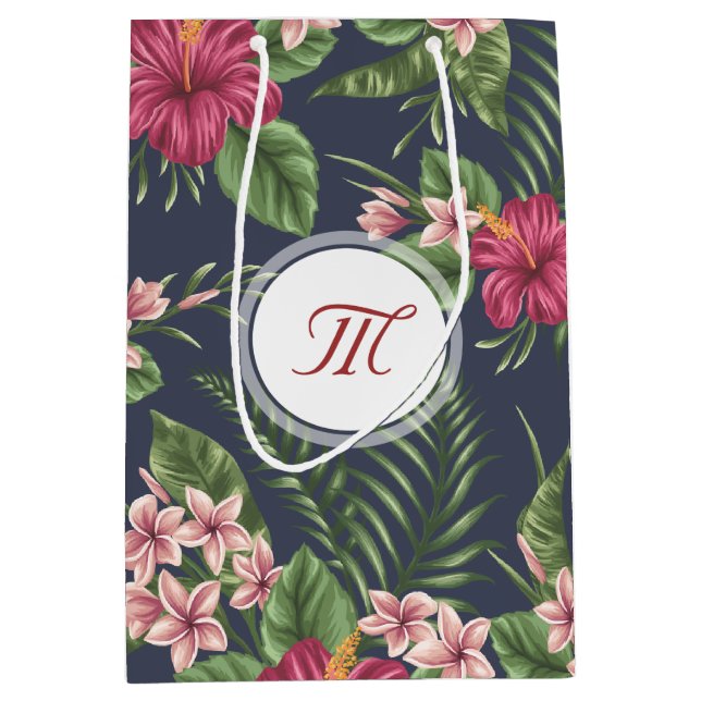 Blumenmuster Hibisken Monogram M Geschenktasche Mittlere Geschenktüte (Vorderseite)