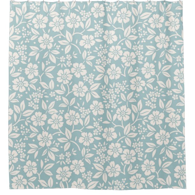 Blumenmuster. Hübsche Blume auf graublauem Hinterg Duschvorhang (Vorderseite)