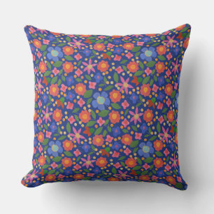 Blumenmuster im Folk Art-Stil in Royal Blue Kissen