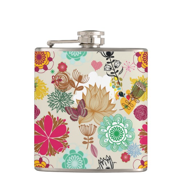 Blumenmuster im Retro-Stil Flachmann (Vorderseite)