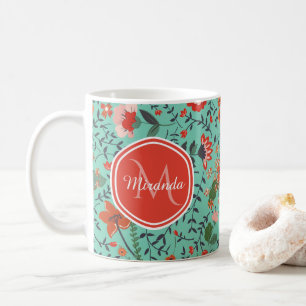 Blumenmuster in Aquamariner, orangefarbener und ro Kaffeetasse
