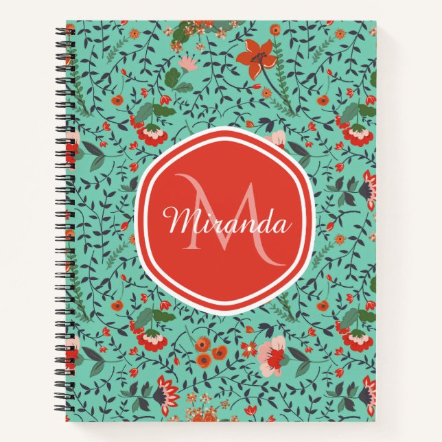 Blumenmuster in Aquamariner, orangefarbener und ro Notizbuch (Vorderseite)