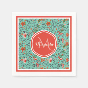 Blumenmuster in Aquamariner, orangefarbener und ro Serviette