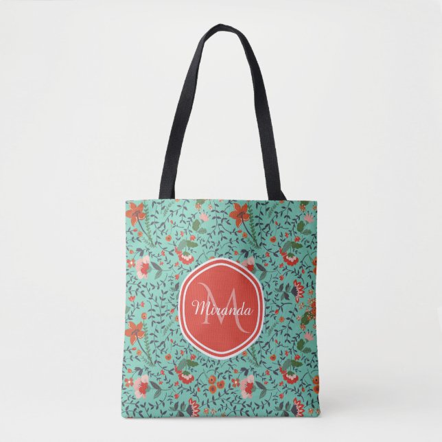 Blumenmuster in Aquamariner, orangefarbener und ro Tasche (Vorderseite)