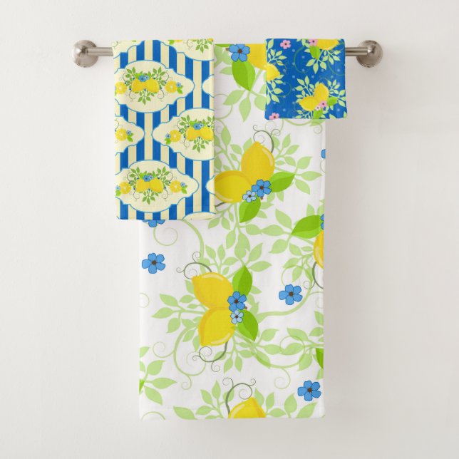 Blumenmuster in Blau und Gelb Lemons Badhandtuch Set (Insitu)