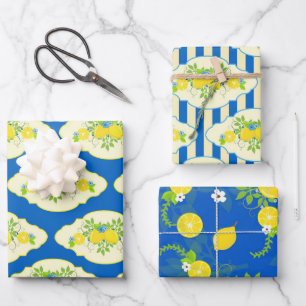 Blumenmuster in Blau und Gelb Lemons Geschenkpapier Set