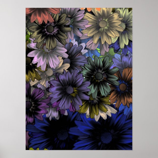 Blumenmuster in Blau und Orange Poster (Vorne)