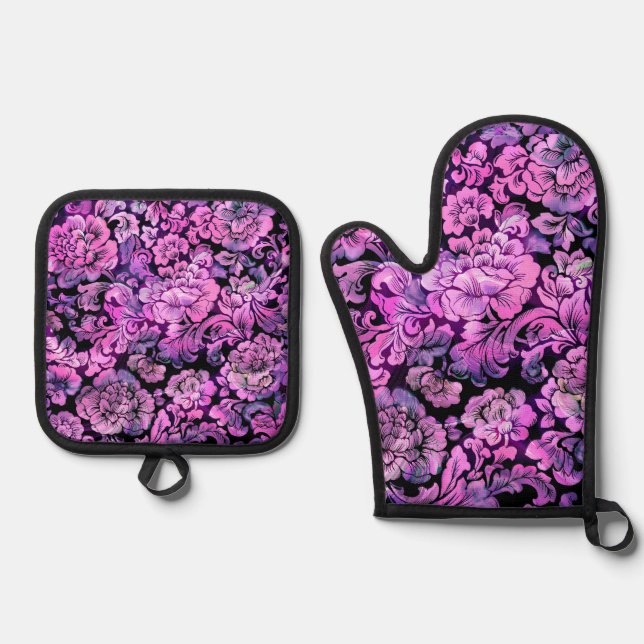 Blumenmuster in heiß rosa ofenhandschuh & Topflappen-Set (Vorderseite)