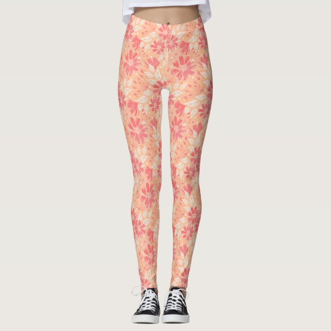 Blumenmuster in modischen Pfirsichfarben Leggings (Vorderseite)
