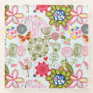 Blumenmuster in Retro Art 2 Glasuntersetzer
