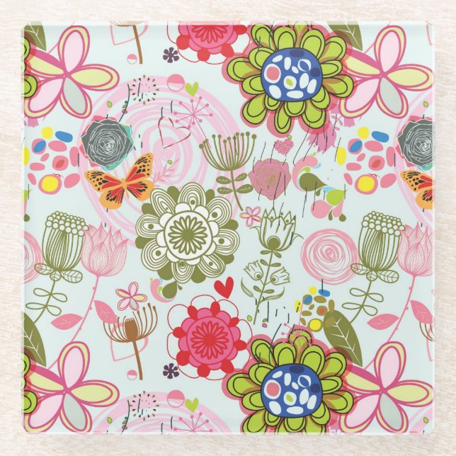 Blumenmuster in Retro Art 2 Glasuntersetzer (Vorderseite)
