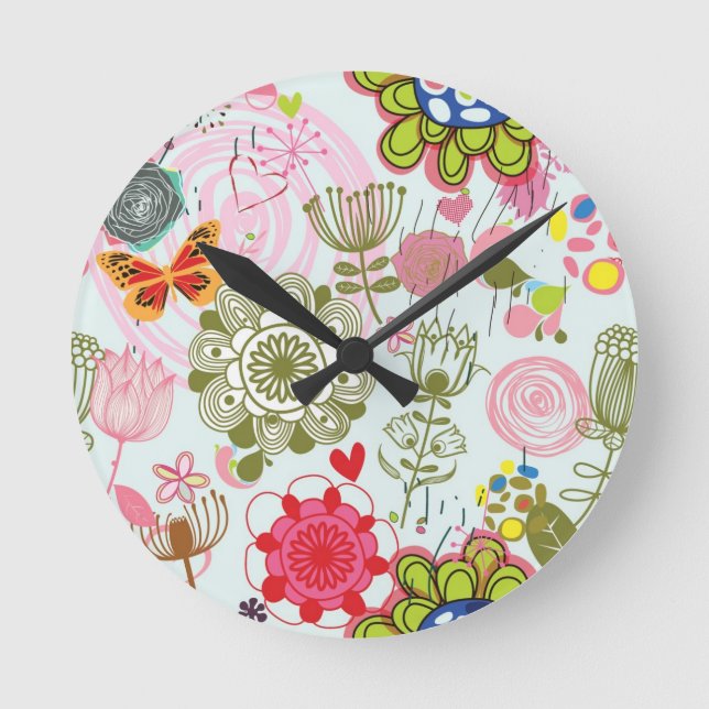 Blumenmuster in Retro Art 2 Runde Wanduhr (Vorderseite)