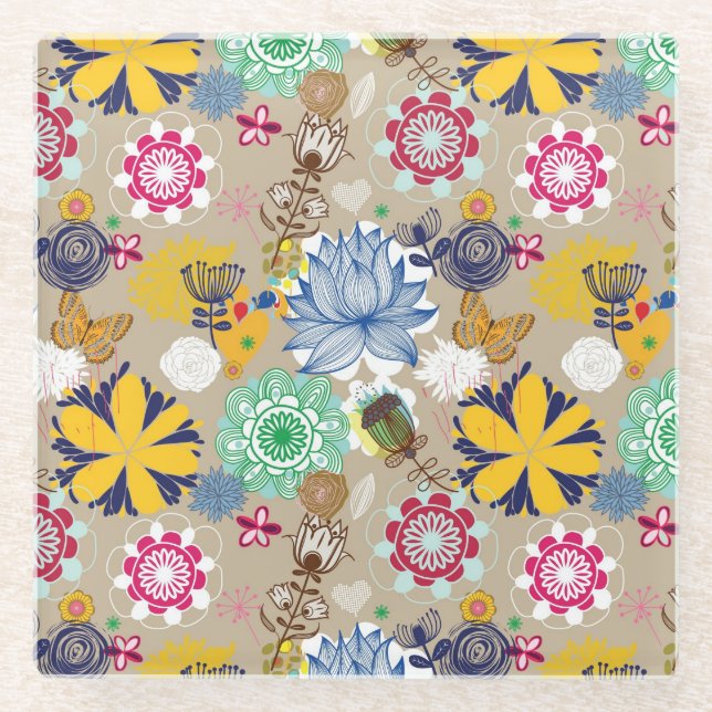 Blumenmuster in Retro Art 3 Glasuntersetzer (Vorderseite)